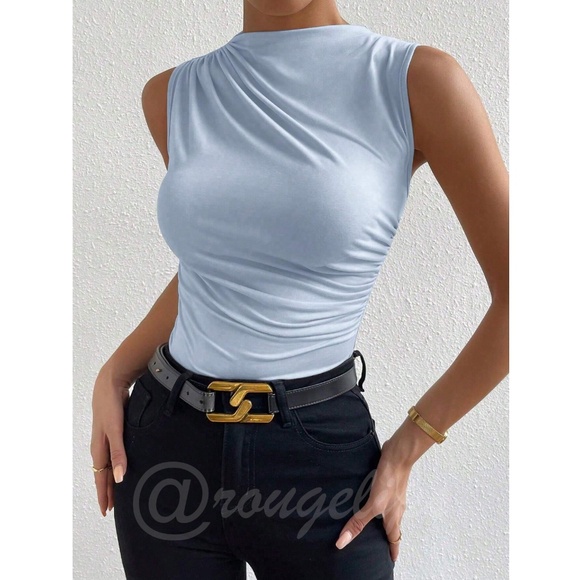 Ruched Light Blue Asymmetrical Sleeveless Shirt Top - Picture 4 of 9